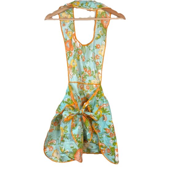 Vtg Fruit Of The Loom Bib Floral Apron Rick Rack Pockets NWT Retro Teal Orange - Picture 5 of 8